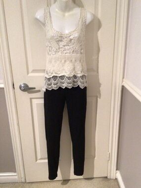Streetwear SocietyLace/crocket Overlay Sleeveless White Top with HAI Black Pants